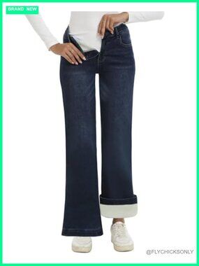 Fleece Lined High Rise Flare Jeans Stretch Thermal Winter Pants